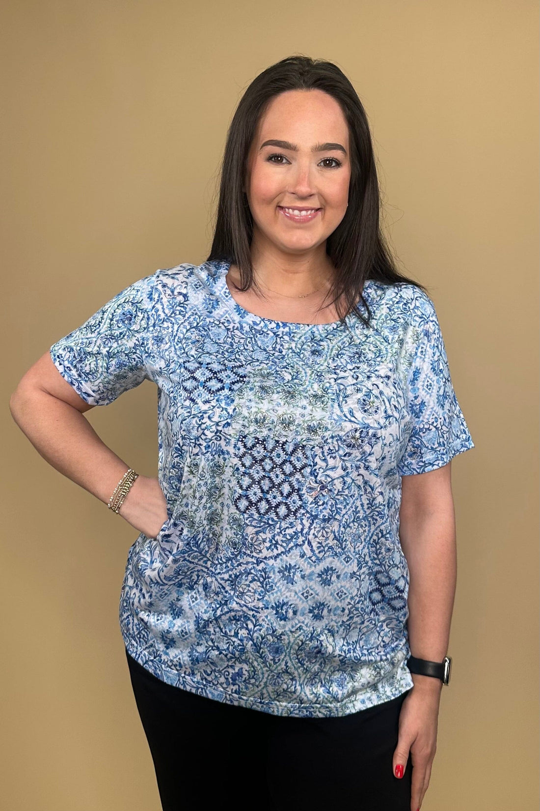 Short Sleeve Printed Tee w/Rhinestones MISSY TOP SPECIAL CREATION 