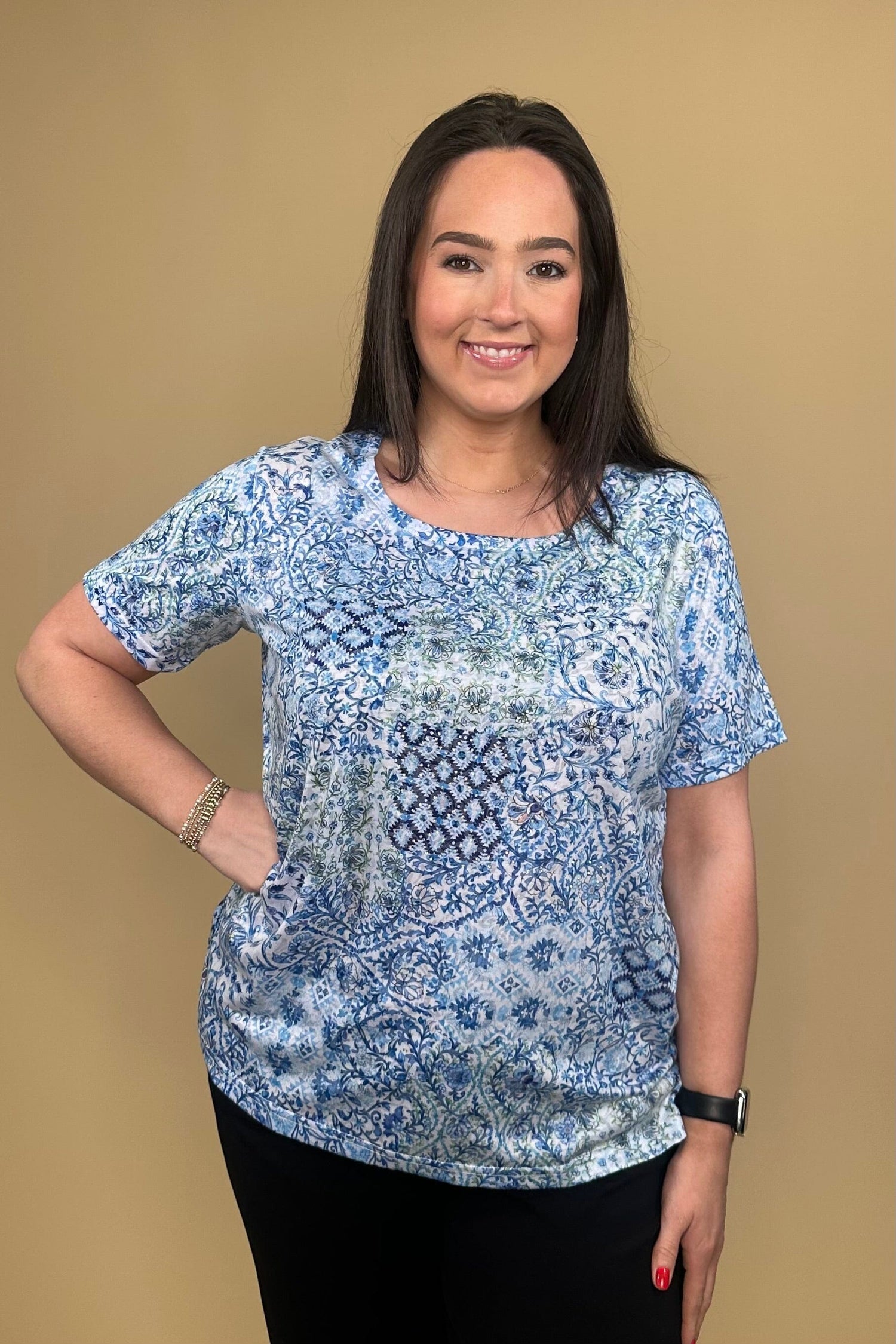 Short Sleeve Printed Tee w/Rhinestones MISSY TOP SPECIAL CREATION 