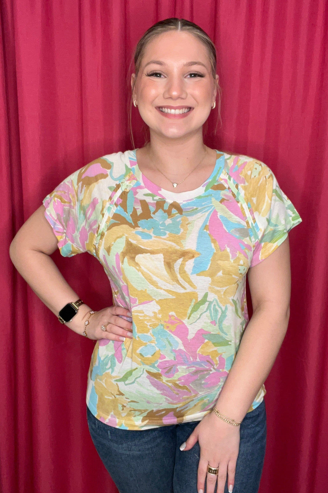 Short Sleeve Scoop Neck Top w/Pleating Detail MISSY TOP SPECIAL TRIBAL