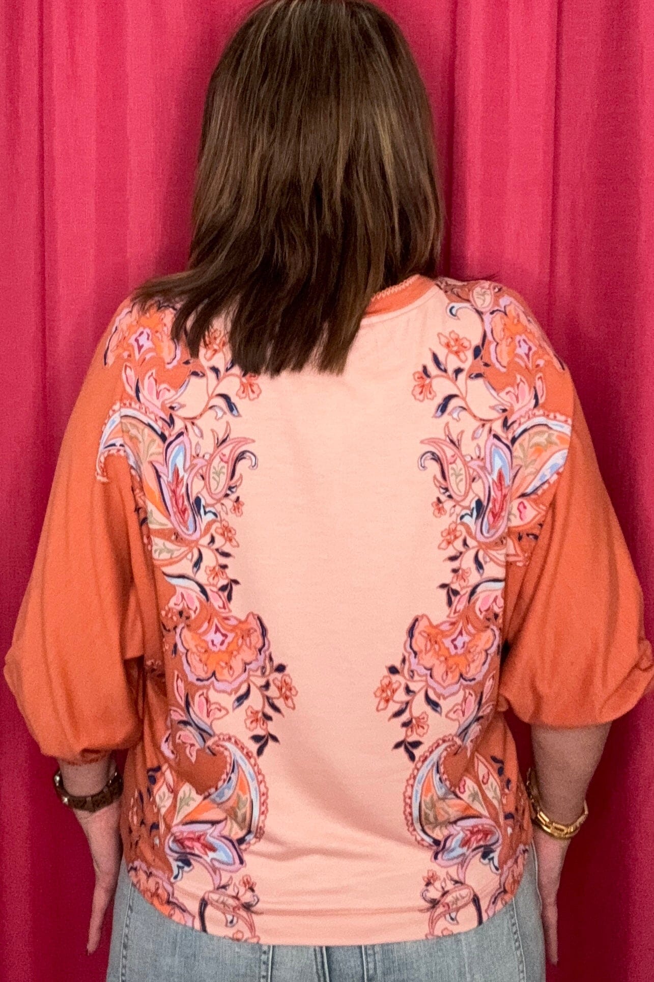 Printed 3/4 Blouson Sleeve Scoop Neck MISSY TOP SPECIAL DEMOCRACY 