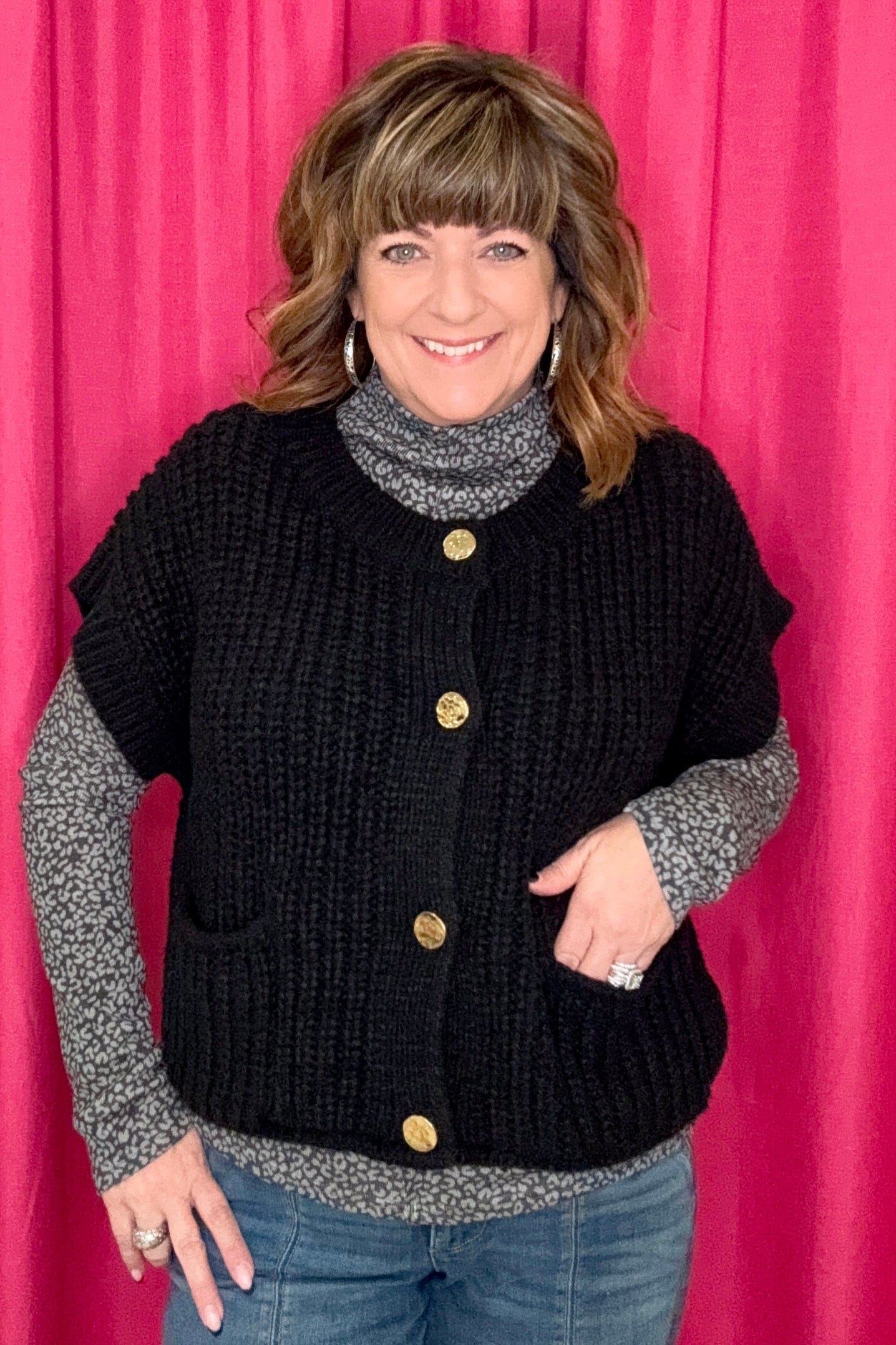 Cable Knit Vest w/Buttons &amp; Pockets JRTOP CASUAL TOP VERYJ 