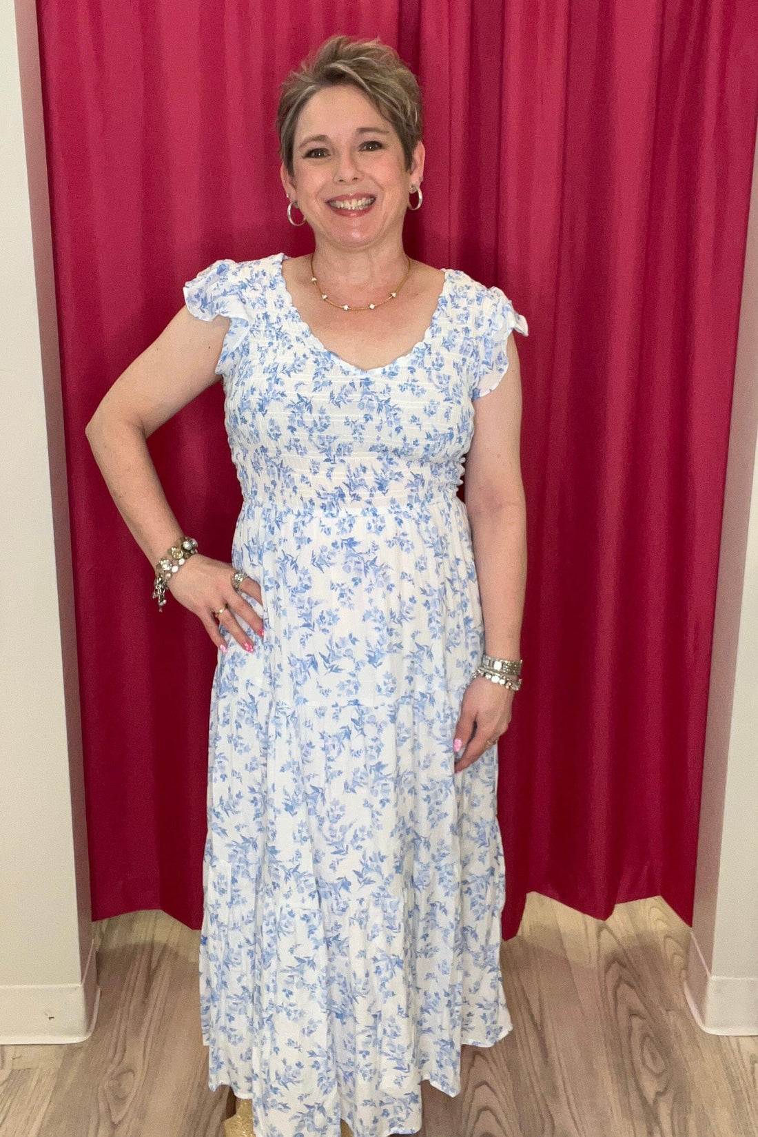 Floral V-Neck Smocked Flutter Sleeve Midi Dress DRESS by the River 