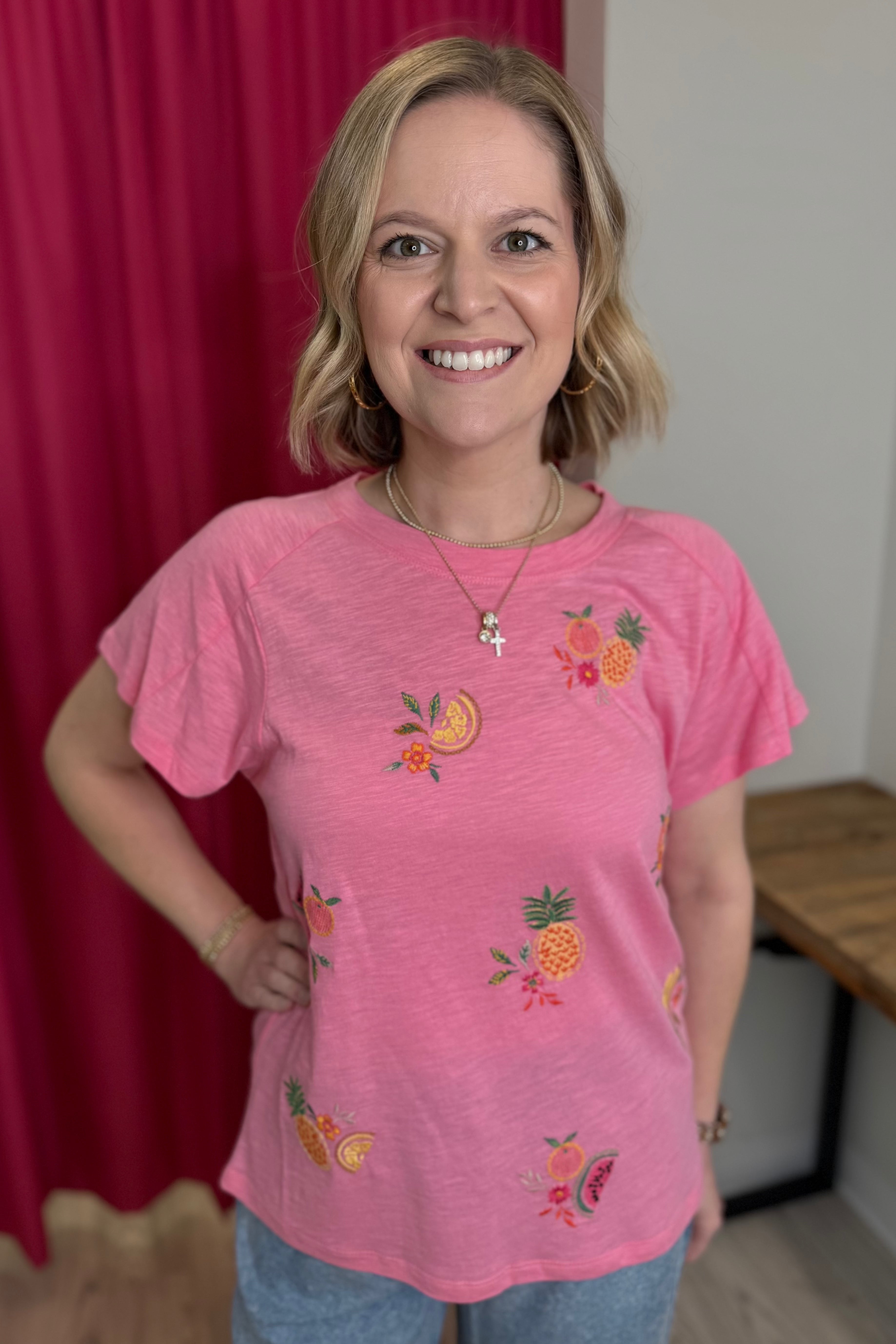 Short Sleeve Scoop Neck Embroidered T-Shirt MISSY TOP SPECIAL DEMOCRACY 