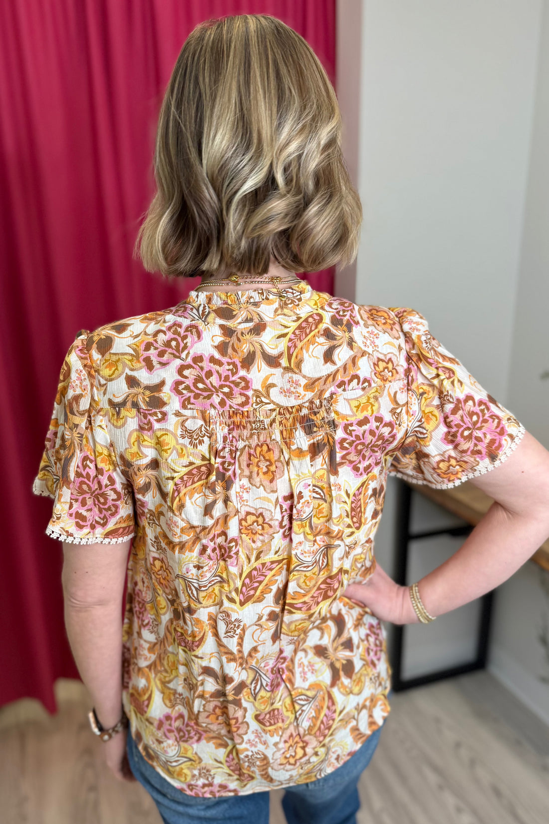 Short Sleeve Stand Collar Button Down Placket Printed Top MISSY TOP SPECIAL DEMOCRACY 