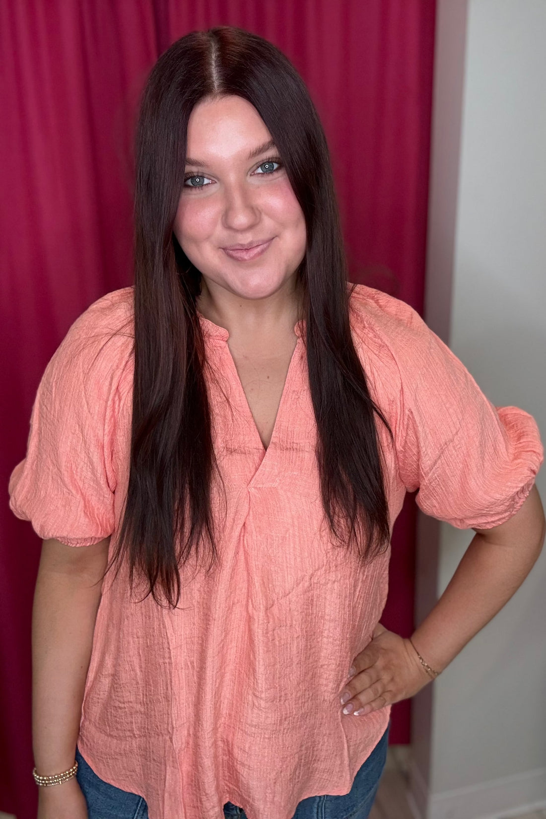 Puff Sleeve V-Neck Ruffle Top JR TOP DRESSY BLUPEPPER CORL S 