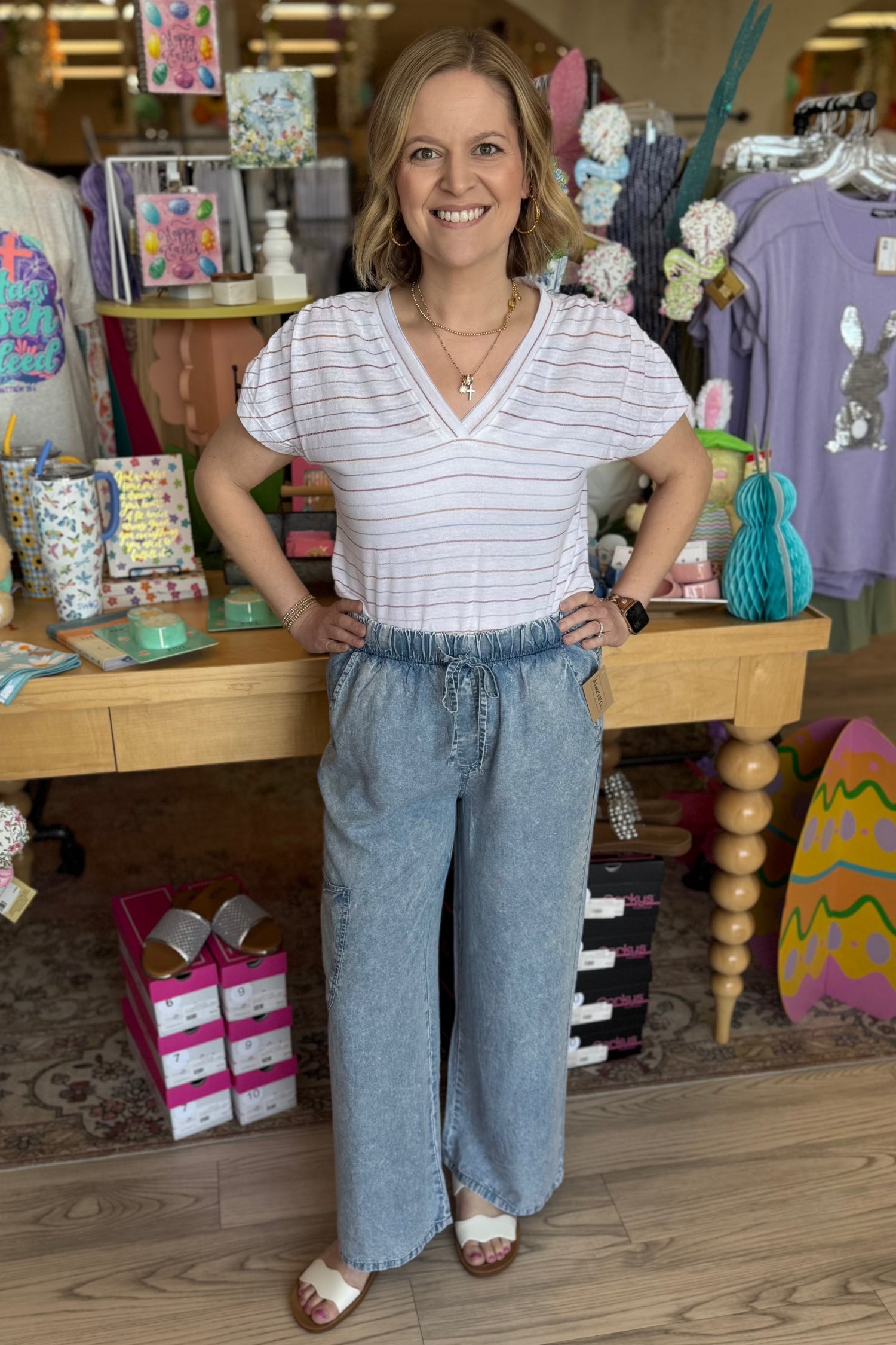 Ruched Short Sleeve V-Neck Metallic Stripe Knit Top MISSY TOP SPECIAL DEMOCRACY 