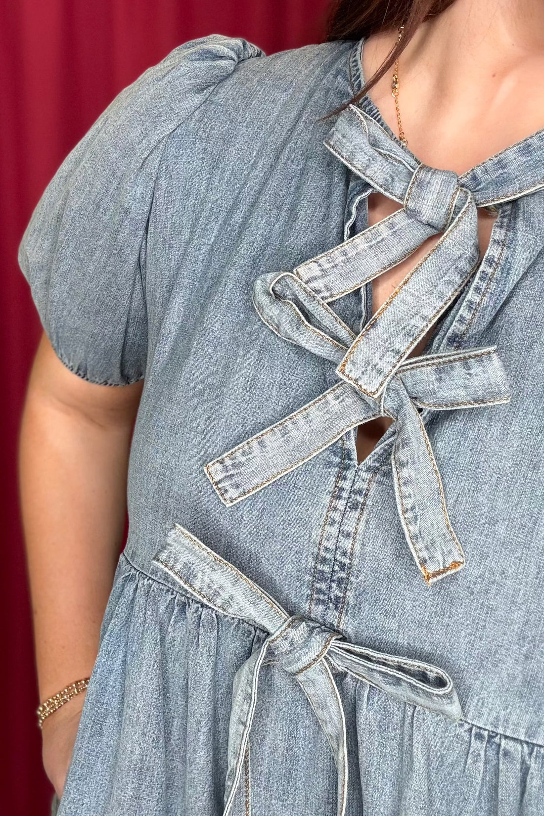 Short Puff Sleeve Washed Denim Blouse Top with Front Ties JRTOP CASUAL TOP SHE&amp;SKY 