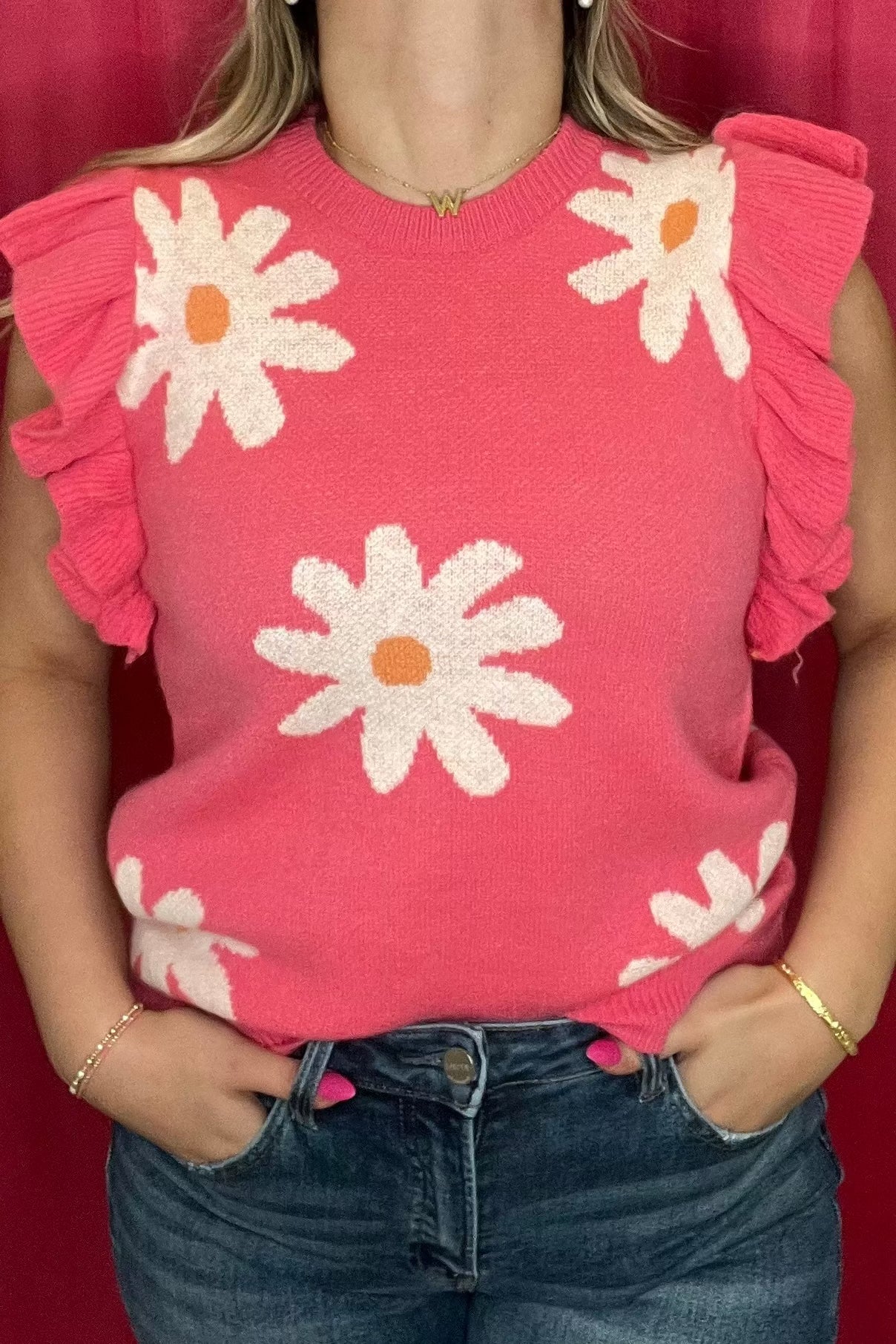 Daisy Flower Sweater w/Flutter Sleeves JRTOP CASUAL TOP SO ME 