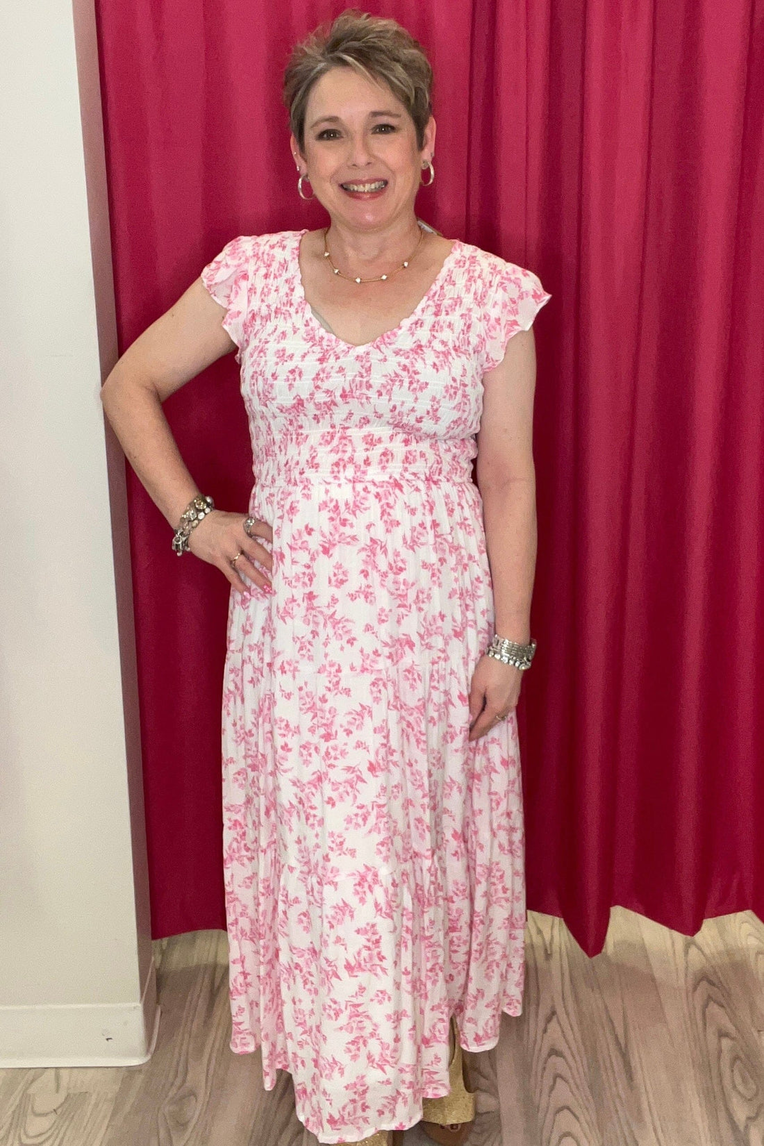 Floral V-Neck Smocked Flutter Sleeve Midi Dress DRESS by the River 