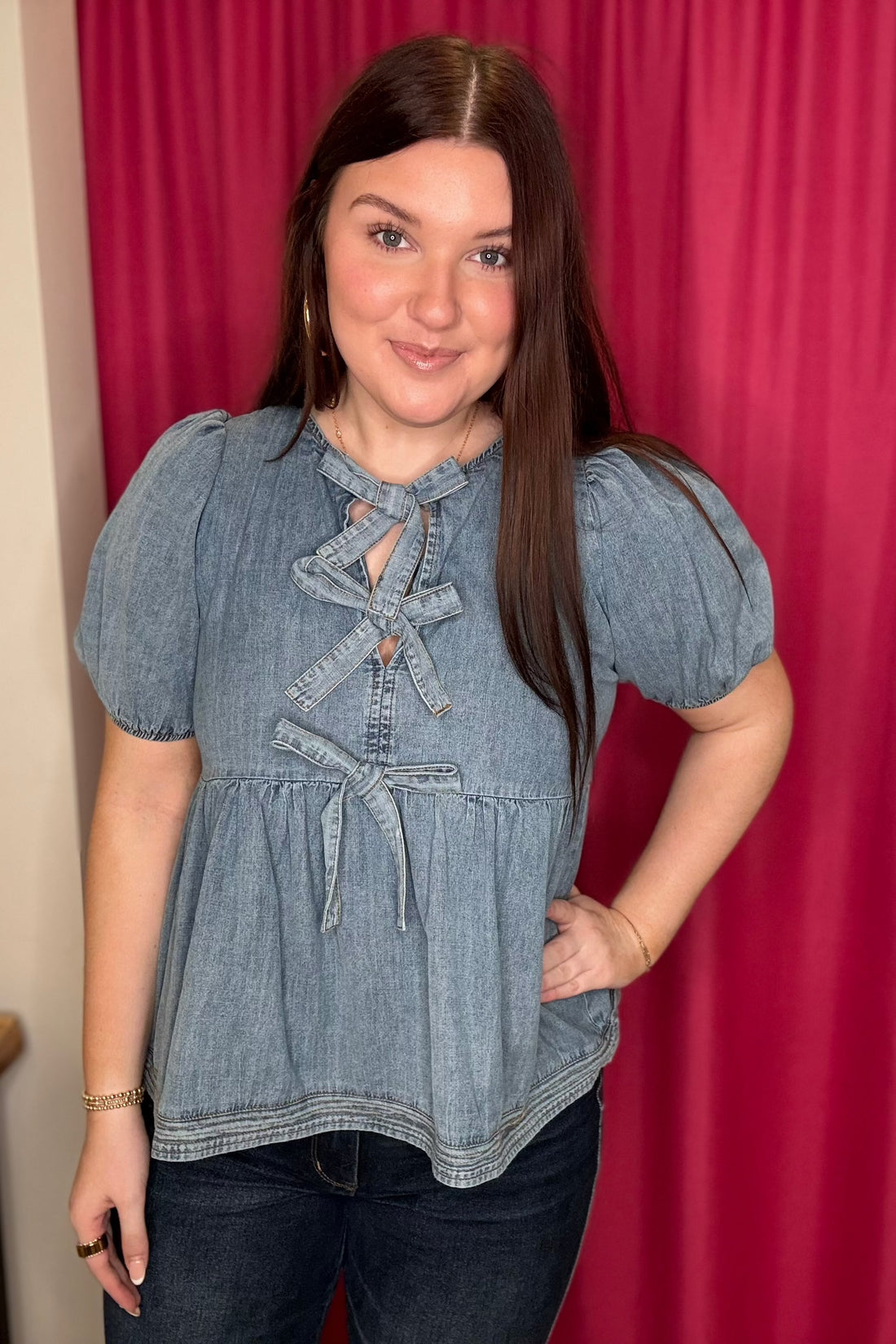 Short Puff Sleeve Washed Denim Blouse Top with Front Ties JRTOP CASUAL TOP SHE&amp;SKY 