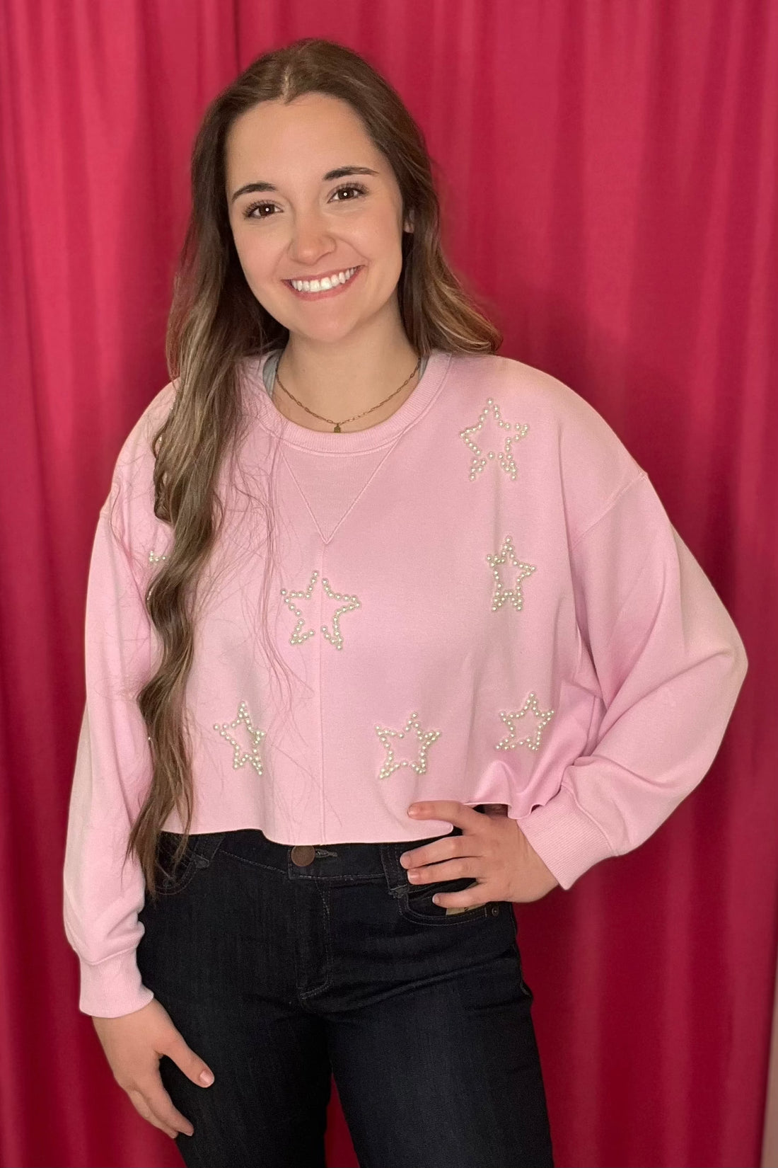 Cropped Crewneck with Pearl Stars JRTOP CASUAL TOP SIMPLY SOUTHERN