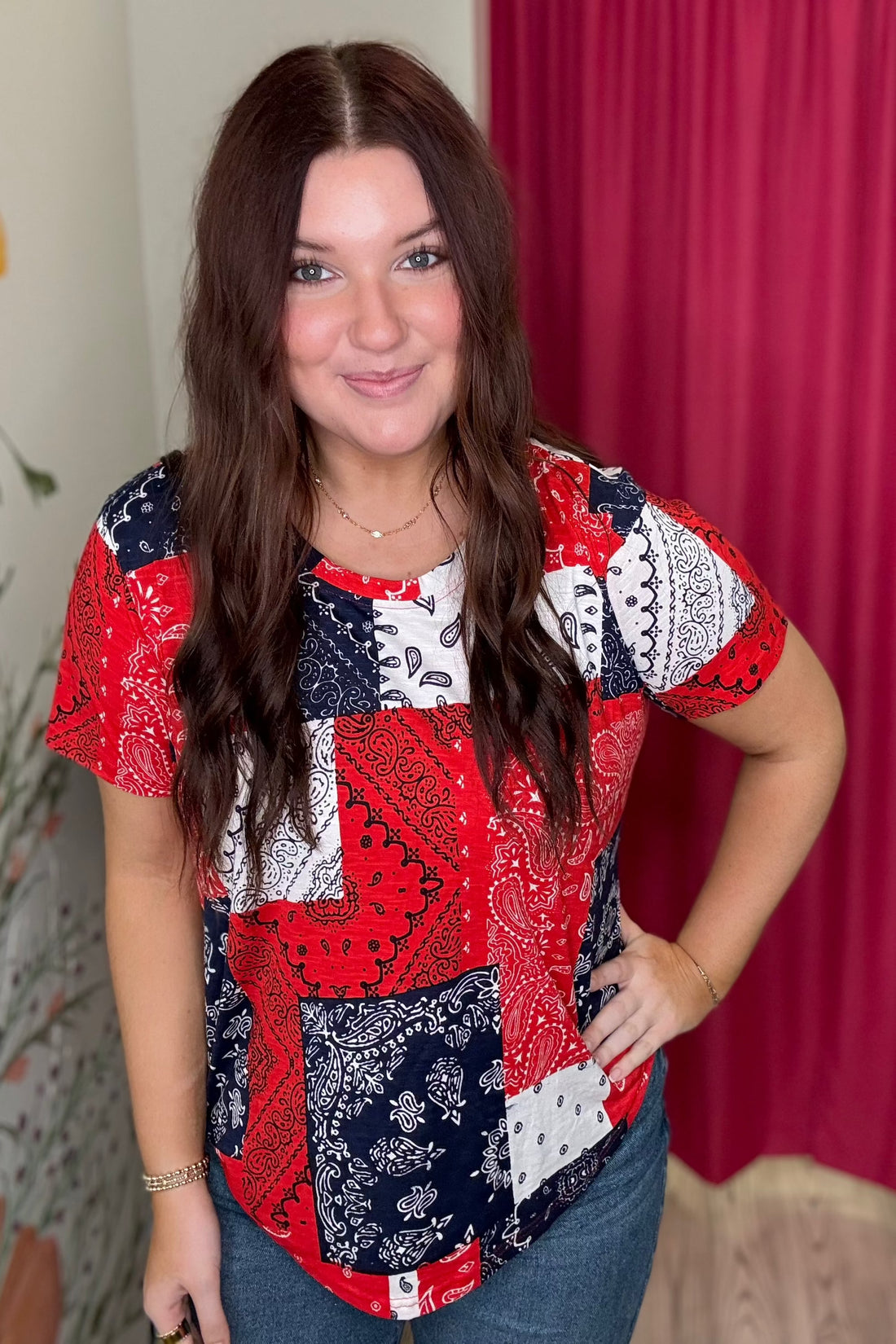 Bandanna Print Short Sleeve Top MISSY TOP SPECIAL KEREN HART 