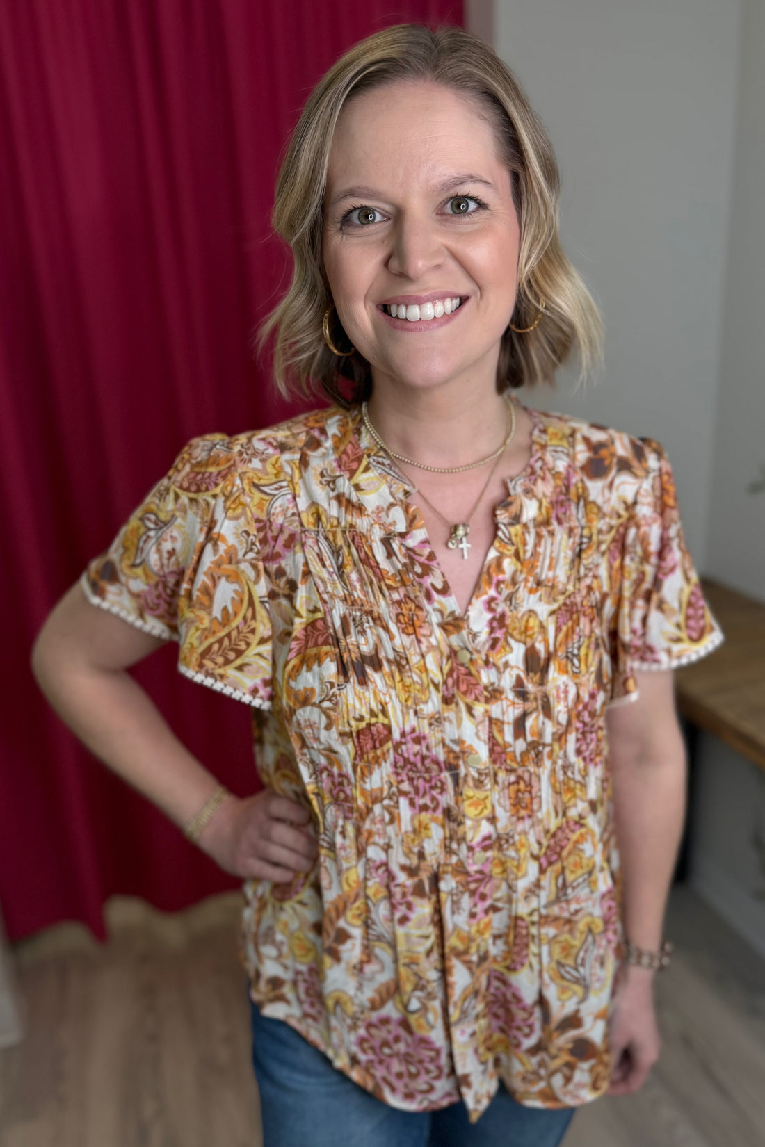 Short Sleeve Stand Collar Button Down Placket Printed Top MISSY TOP SPECIAL DEMOCRACY 