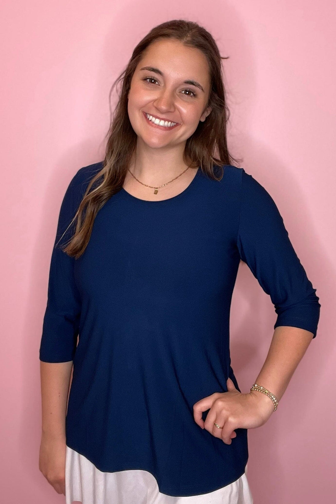 3/4 Sleeve Scoop Neck Top MISSY BASIC KNIT CREATION NVY S