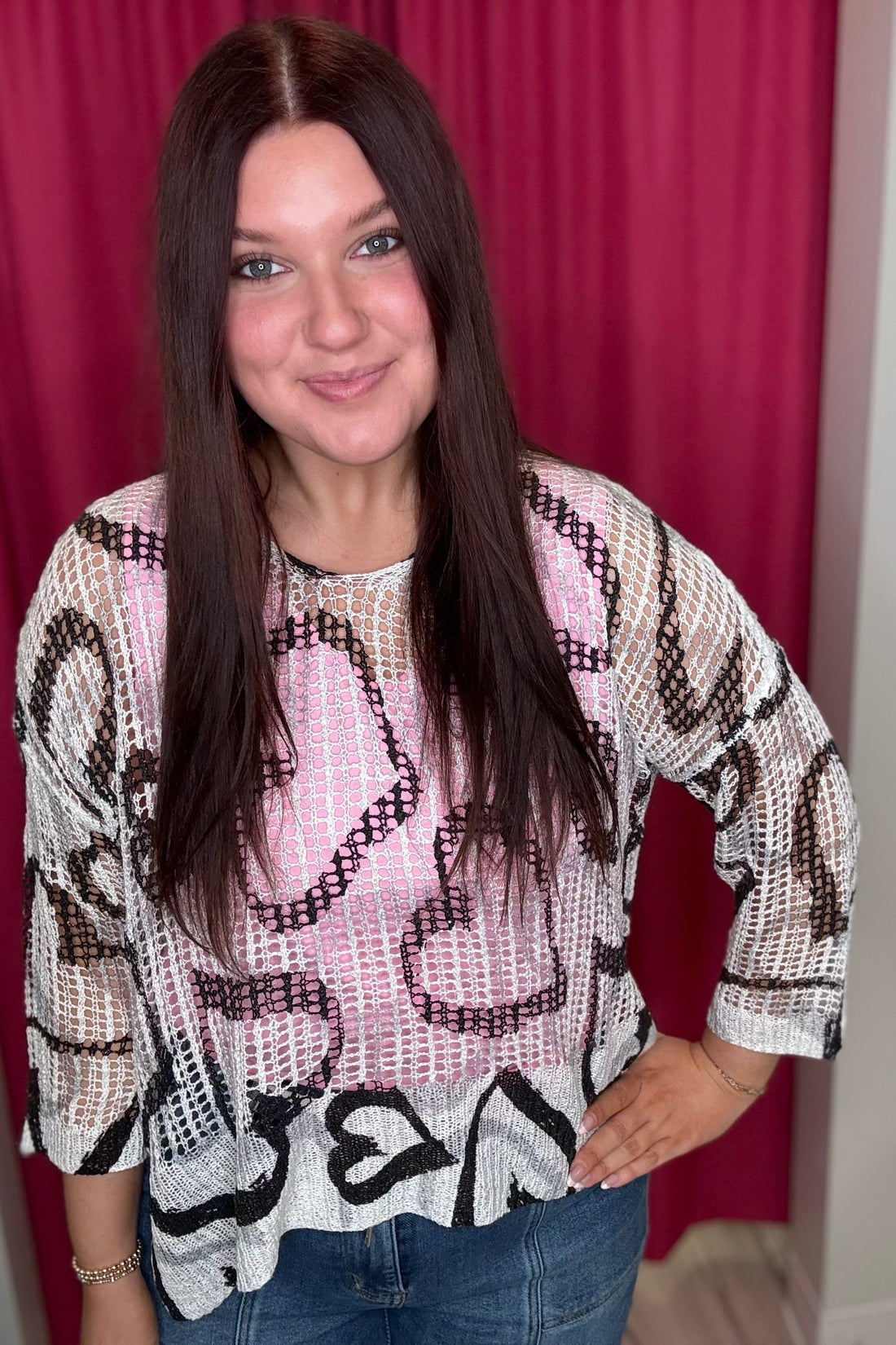 Printed Fishnet Crochet Sweater MISSY TOP SPECIAL Charlie B BLK/WHITE XS 