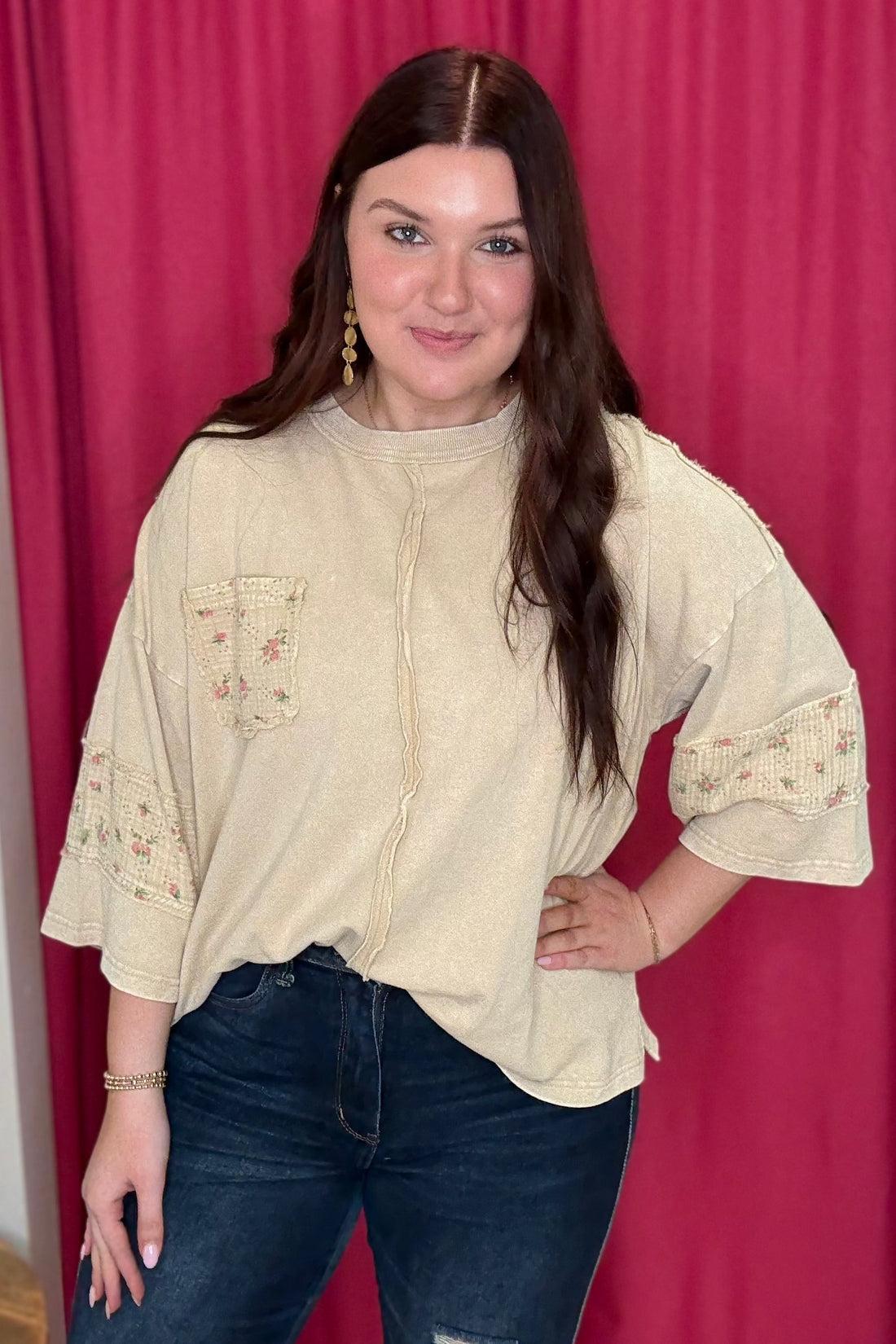 3/4 Sleeve Top with Floral Gauze Patch Pocket, Sleeves &amp; Back JR TOP DRESSY EASEL 