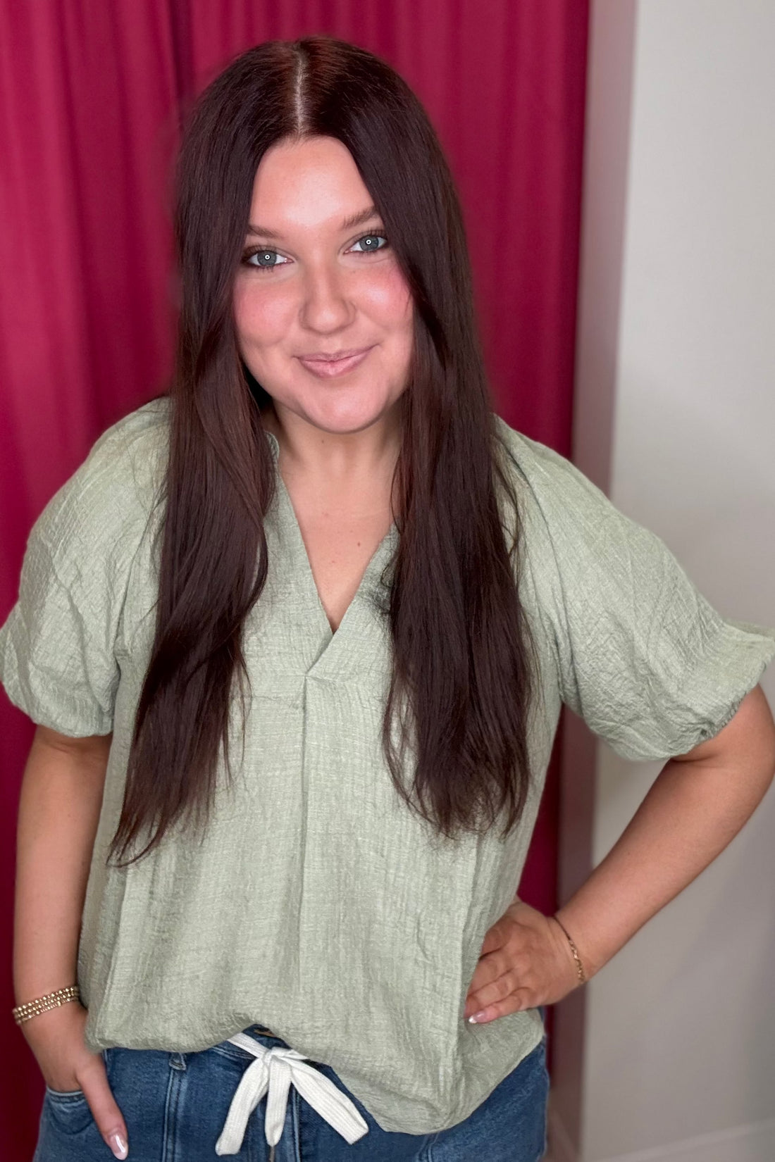 Puff Sleeve V-Neck Ruffle Top JR TOP DRESSY BLUPEPPER OLIVE S 