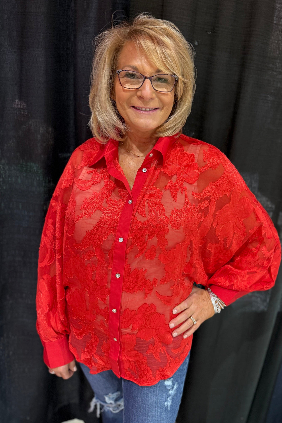 Long Cuff Sleeve Shirttail Hem Button Down Top JR TOP DRESSY GLAM RED S 