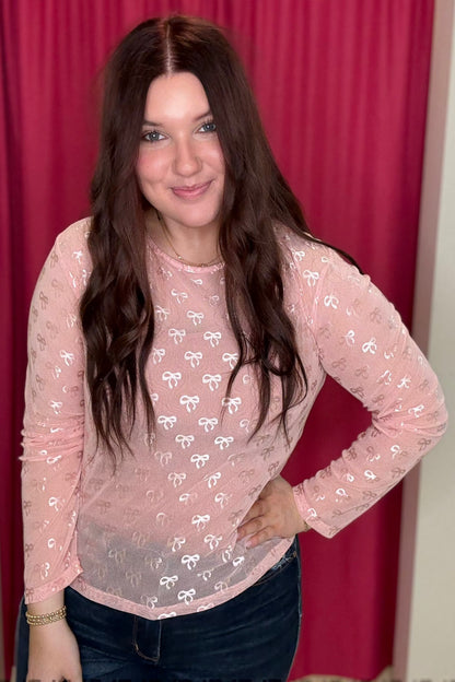 Bow Embroidered Long Sleeve Mesh Top MISSY BASIC KNIT DAVI&amp;DANI 