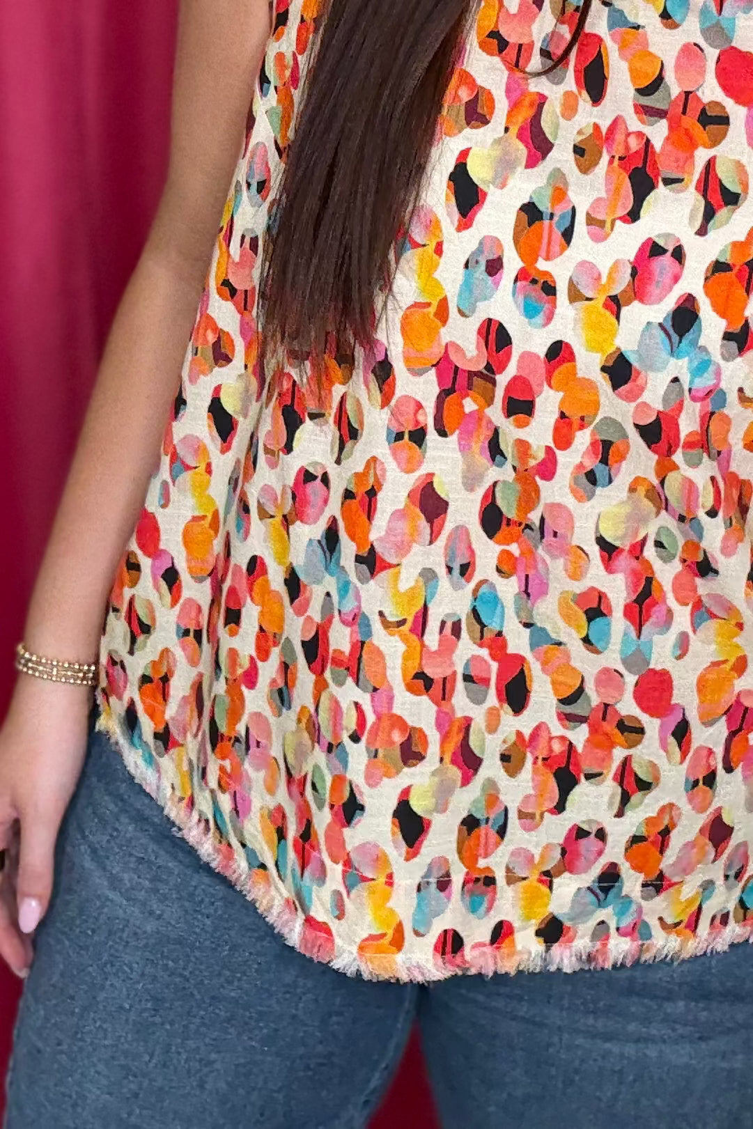 Sleeveless Button Back Fray Hem Printed Top MISSY TOP SPECIAL LIVERPOOL 