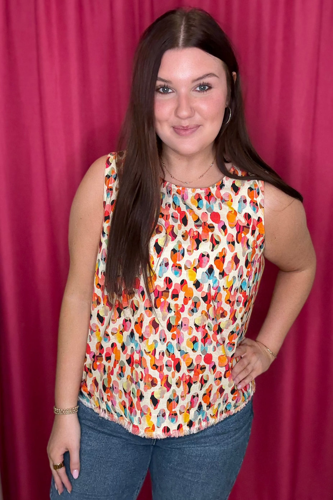 Sleeveless Button Back Fray Hem Printed Top MISSY TOP SPECIAL LIVERPOOL 