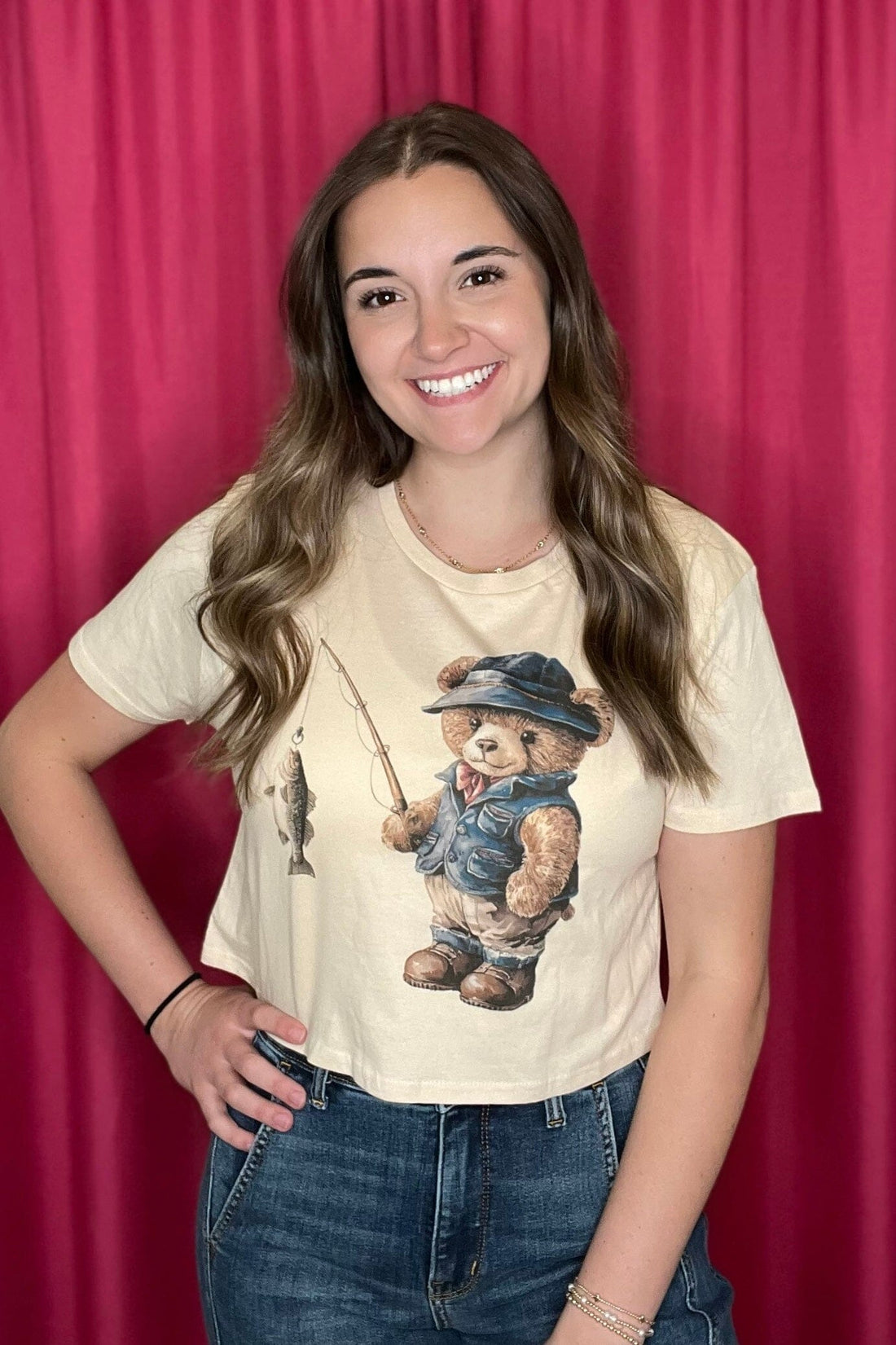 Fishing Teddy Cropped T-Shirt MISSY BASIC KNIT SUGAR STITCH 