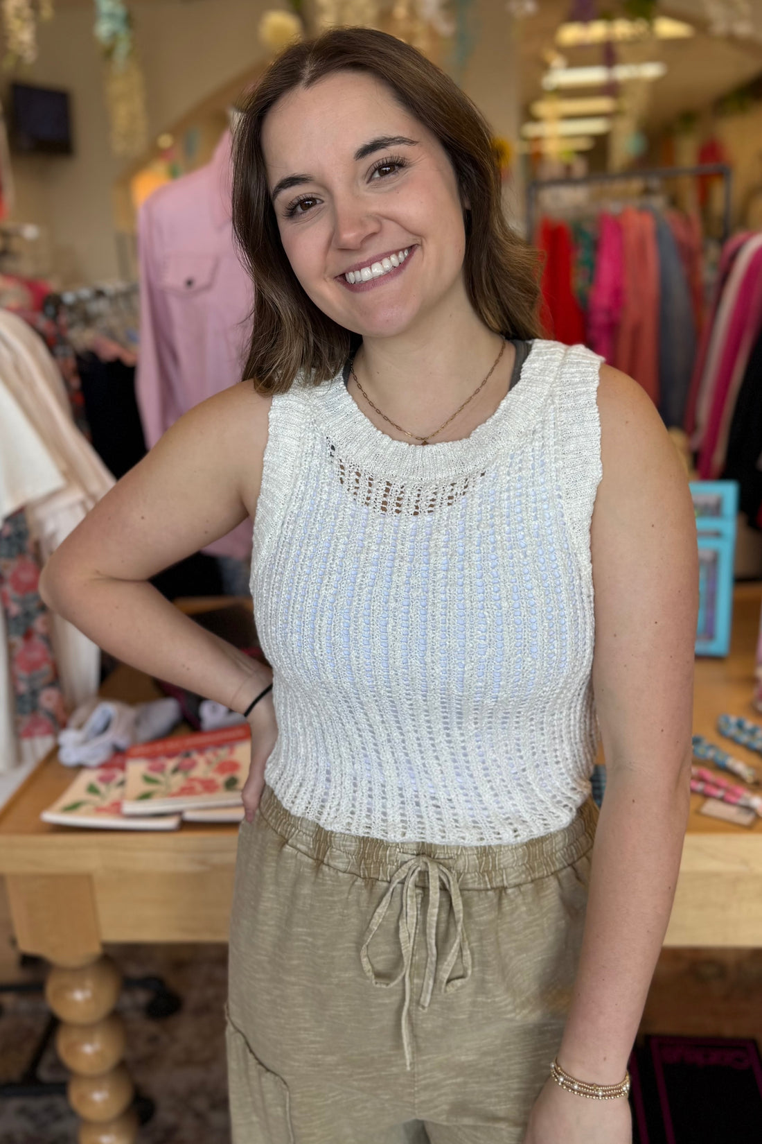 Round Neck Crochet Sweater Knit Tank Top JRTOP CASUAL TOP BLUPEPPER 