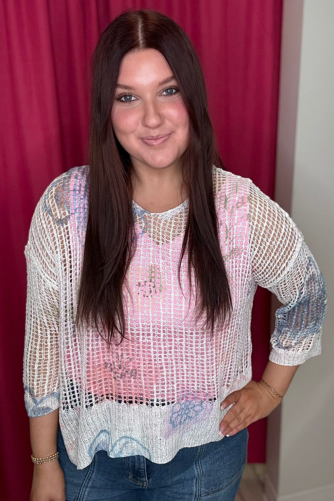 Printed Fishnet Crochet Sweater MISSY TOP SPECIAL Charlie B WATERCOLOR XS 