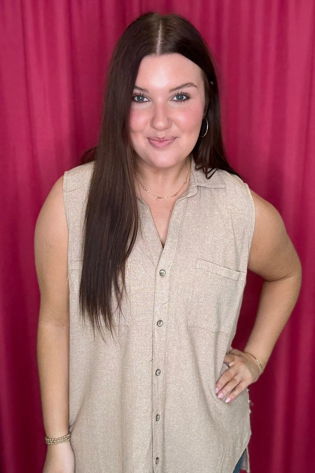 High Low Seam Button Down Sleeveless Tank with Collar MISSY TOP SPECIAL ZAC &amp; RACHEL 