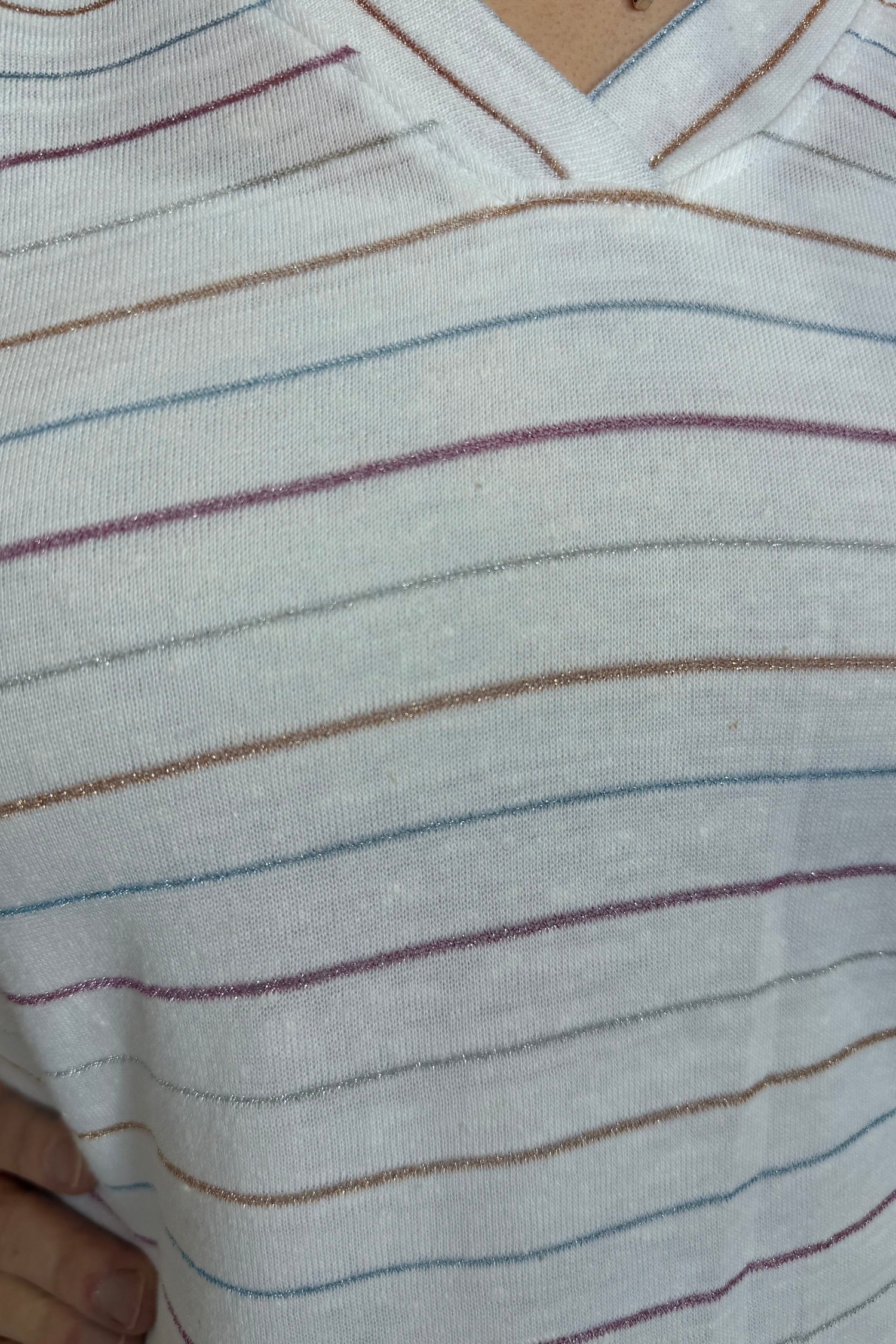 Ruched Short Sleeve V-Neck Metallic Stripe Knit Top MISSY TOP SPECIAL DEMOCRACY 