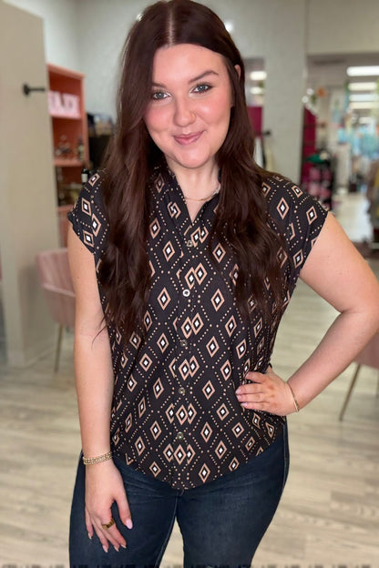 Short Sleeve Printed Button Down Top MISSY TOP SPECIAL KEREN HART 