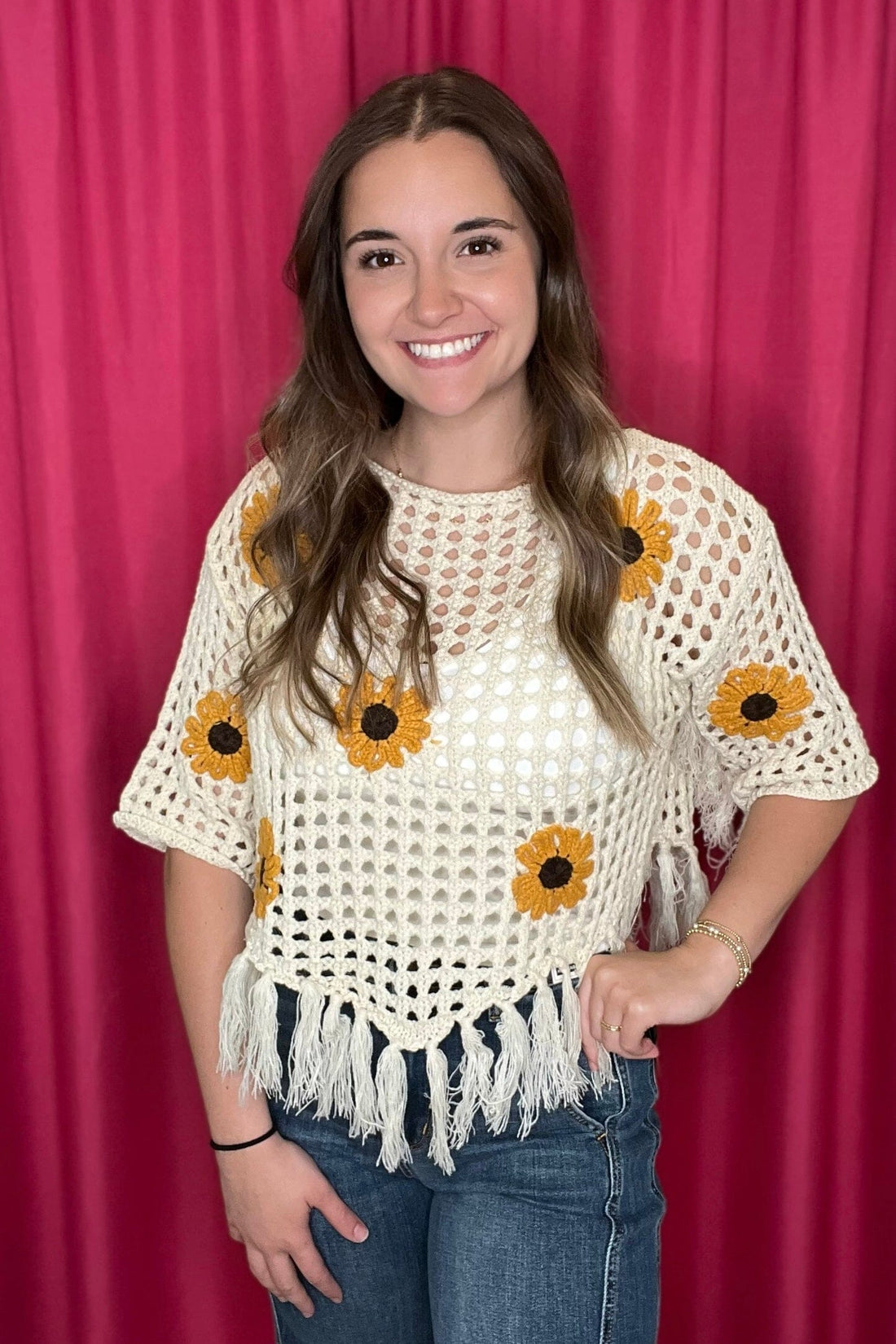 Crochet Sweater with Sunflower Detail JRTOP CASUAL TOP MELLOWWORLD 