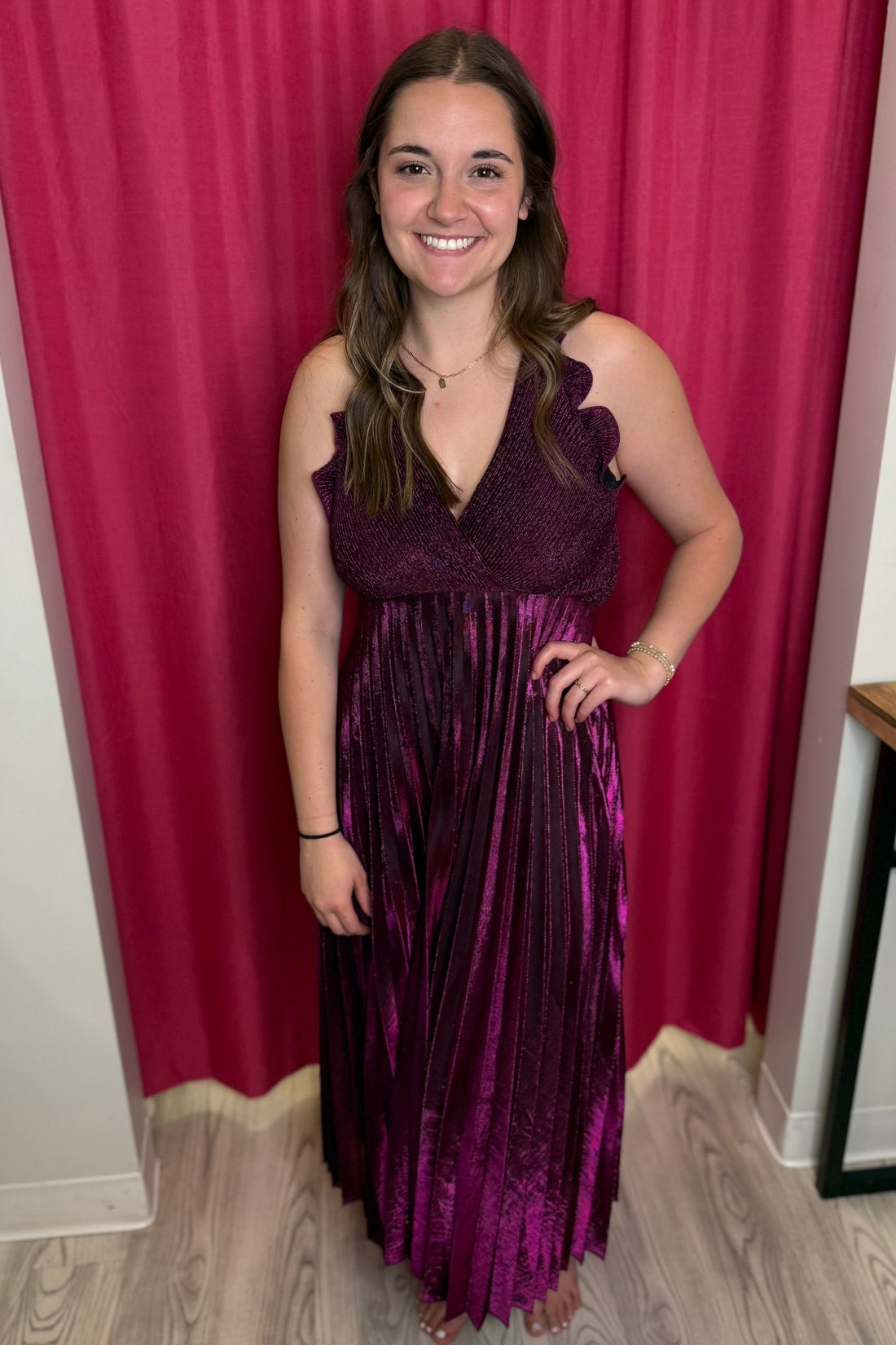 Spaghetti Strap Pleated Surplice Lurex Midi Dress DRESS GLAM