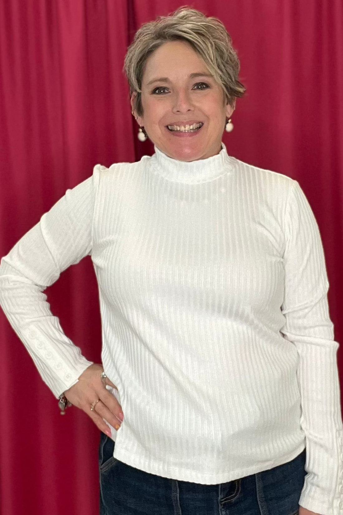 Long Sleeve Mock Neck Knit Top w/Button MISSY BASIC KNIT LIVERPOOL 