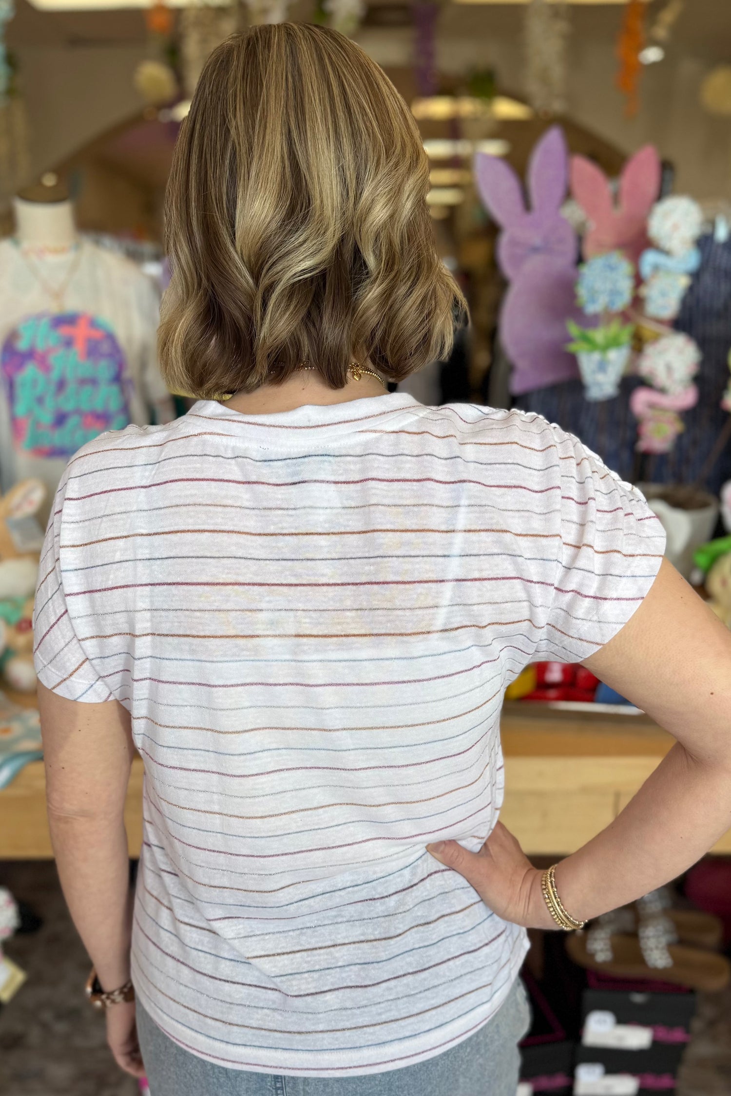 Ruched Short Sleeve V-Neck Metallic Stripe Knit Top MISSY TOP SPECIAL DEMOCRACY 