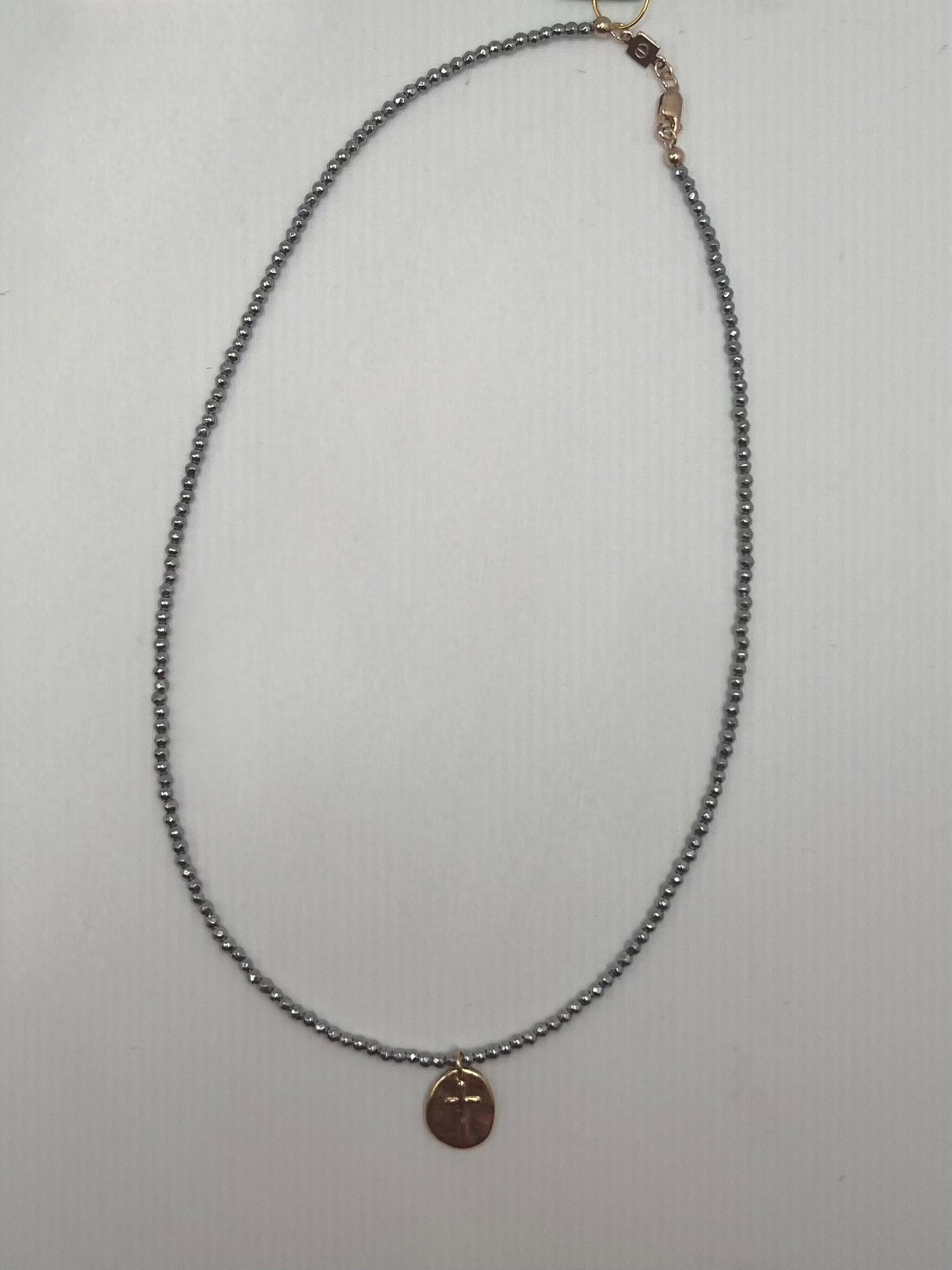 15&quot; Chocker Silver Faceted Hematite 2mm Inspire Gold Charm Beaded Necklace JEWELRY ENEWTON 