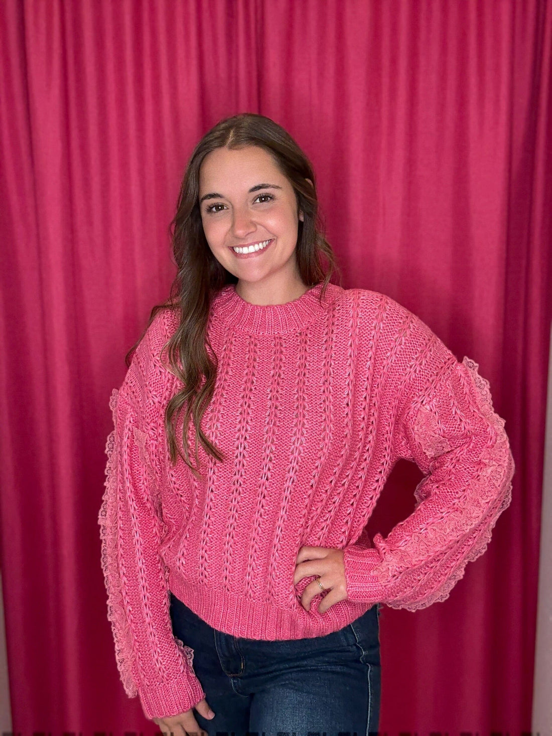Long Sleeve Sweater w/Lace Detail SWEATER VERYJ PINK S 
