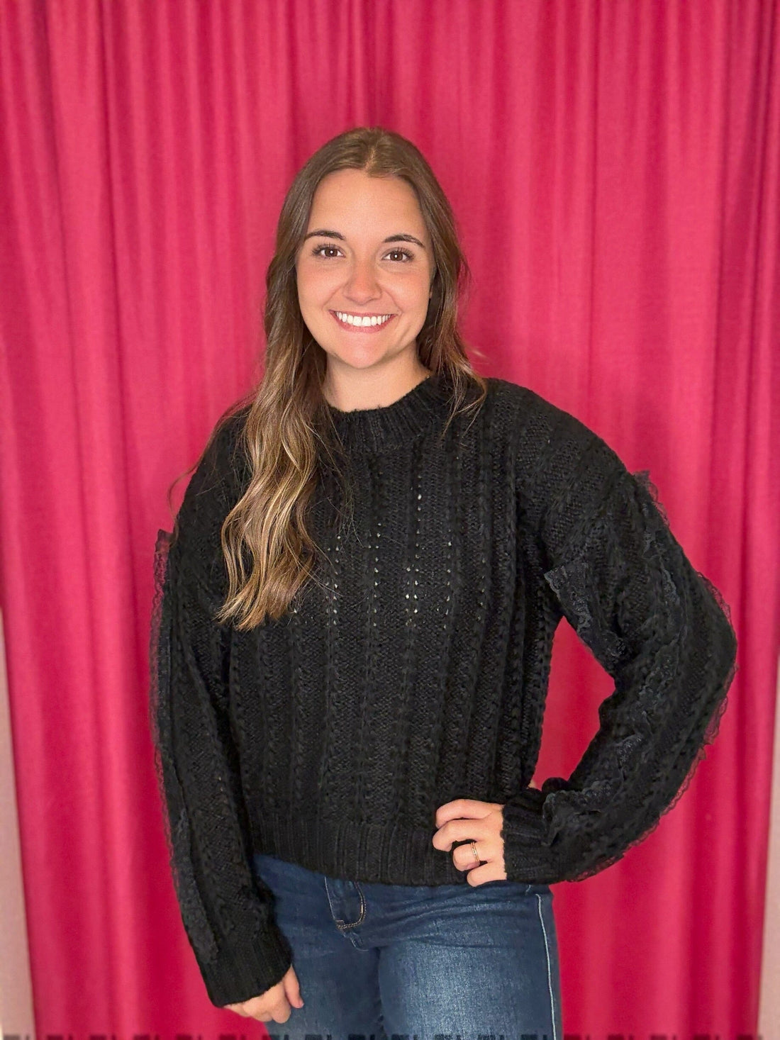 Long Sleeve Sweater w/Lace Detail SWEATER VERYJ BLK S 