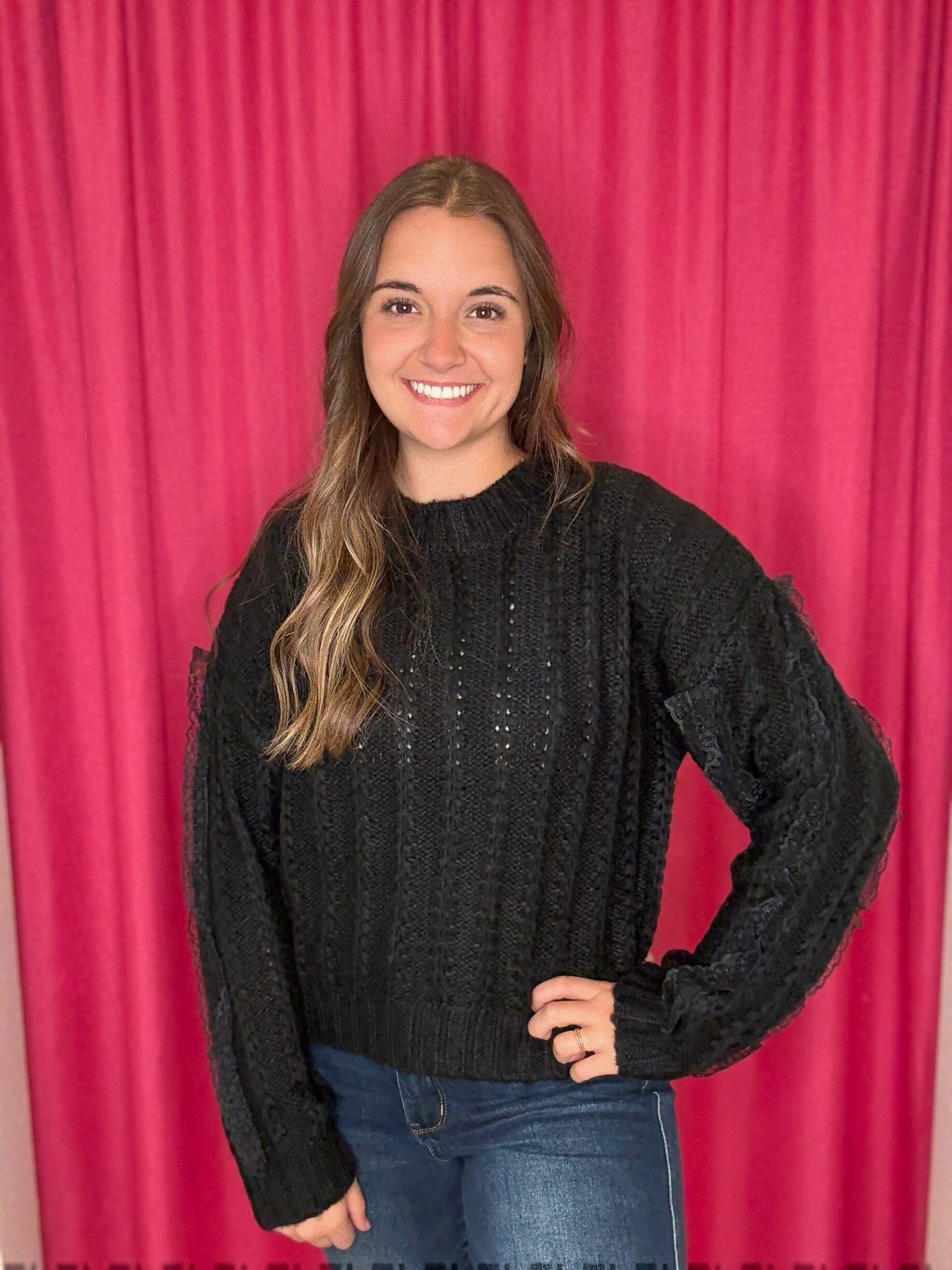 Long Sleeve Sweater w/Lace Detail SWEATER VERYJ BLK S 